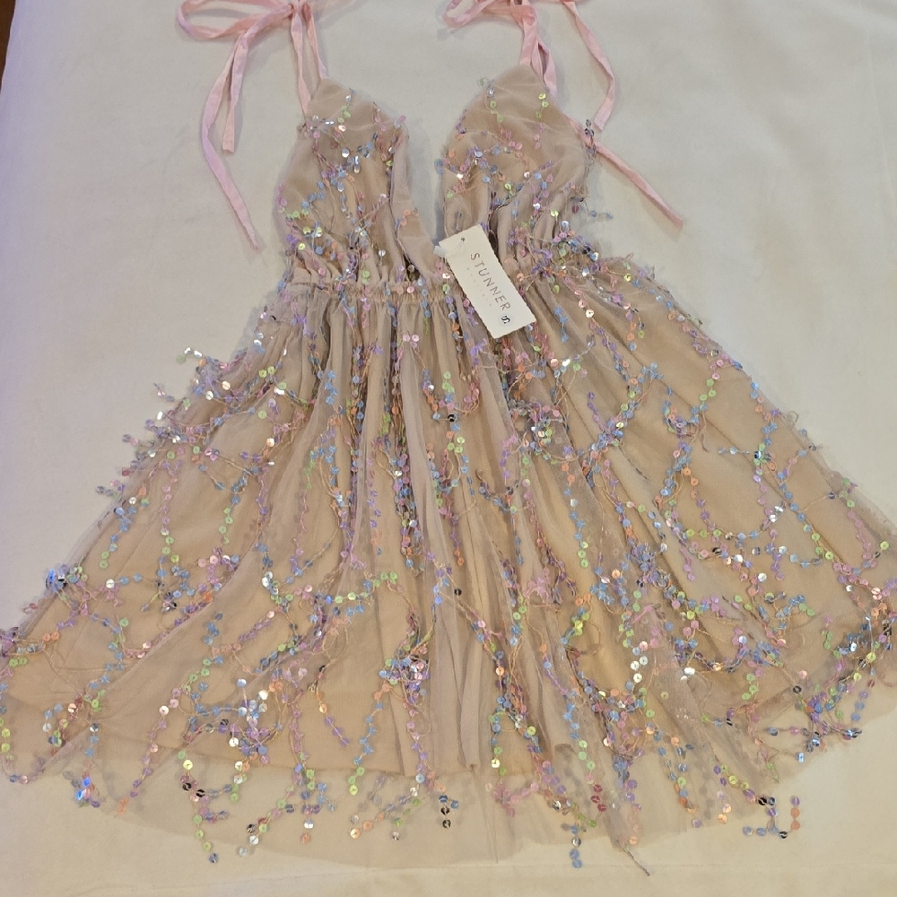 Sparkling Sequin Dress with Pink Straps